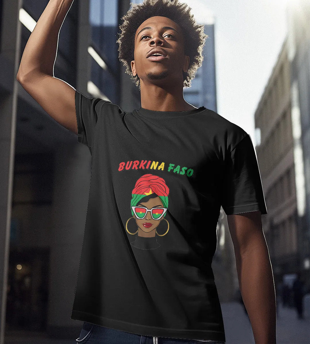 1sttheworld T-Shirt - Girl Wear Sunglasses And A Scarf Burkina Faso Flag T-Shirt Black A35