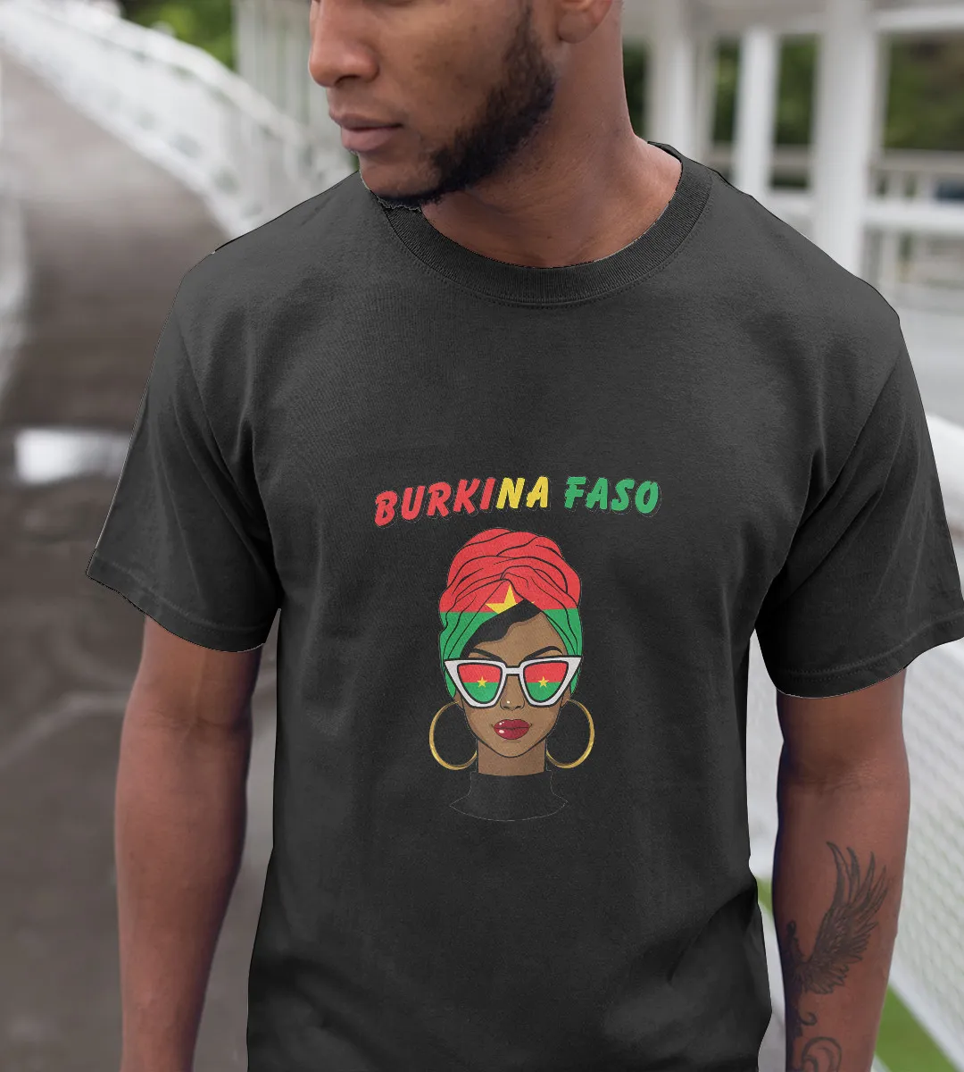 1sttheworld T-Shirt - Girl Wear Sunglasses And A Scarf Burkina Faso Flag T-Shirt Black A35