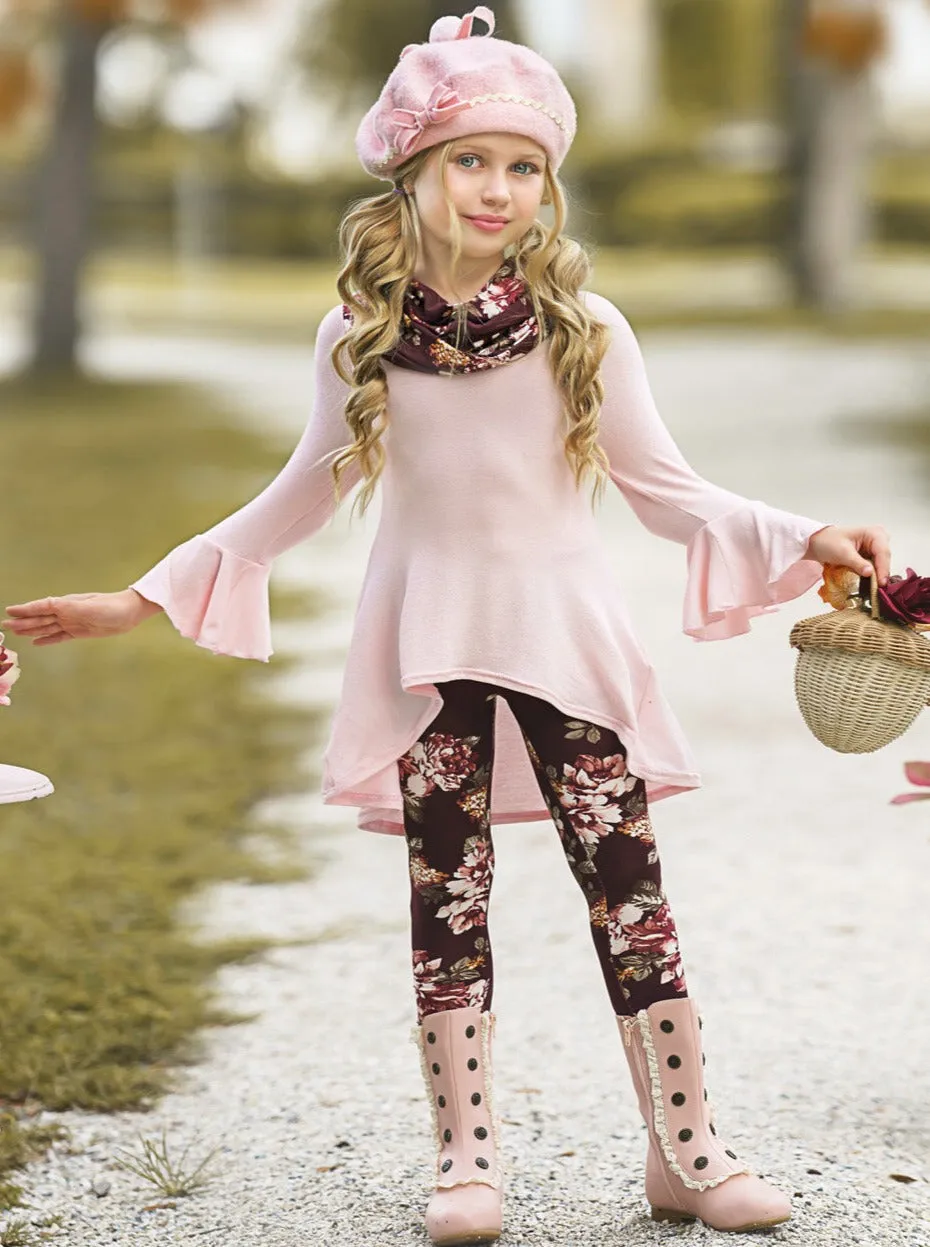 Abigail Pink Tunic, Floral Scarf And Legging Set