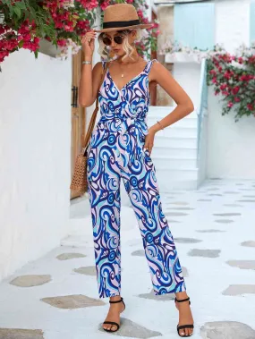 Abstract Print Tied  Sleeveless Jumpsuit