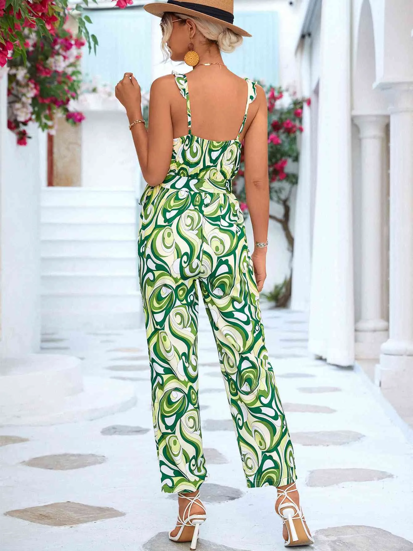 Abstract Print Tied  Sleeveless Jumpsuit