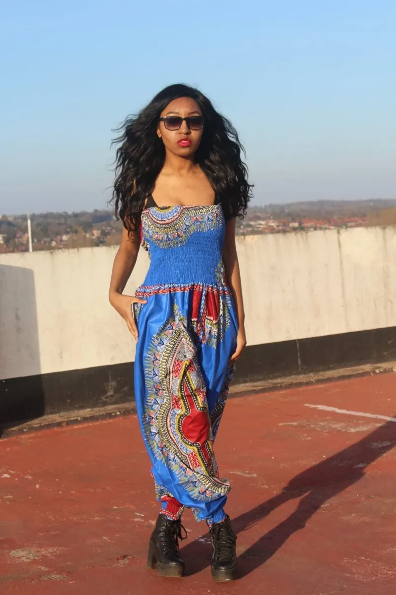 African Print Jumpsuit in Blue Dashiki Print - Festival Jumpsuit