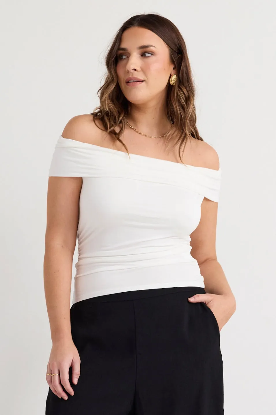 Beatnik Ivory Stretchy Bardot Off Shoulder Top