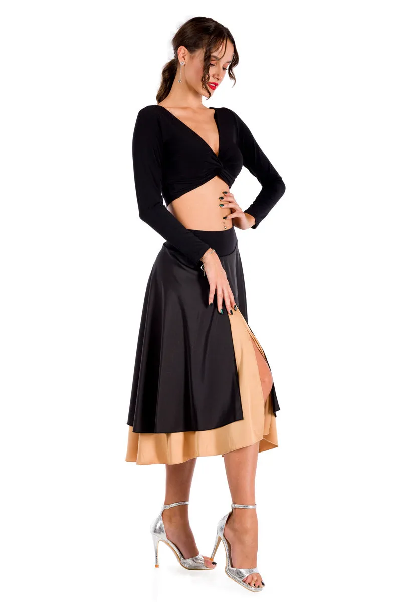 Black Satin Two-layered Dance Skirt With Dark Gold Base