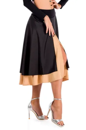 Black Satin Two-layered Dance Skirt With Dark Gold Base