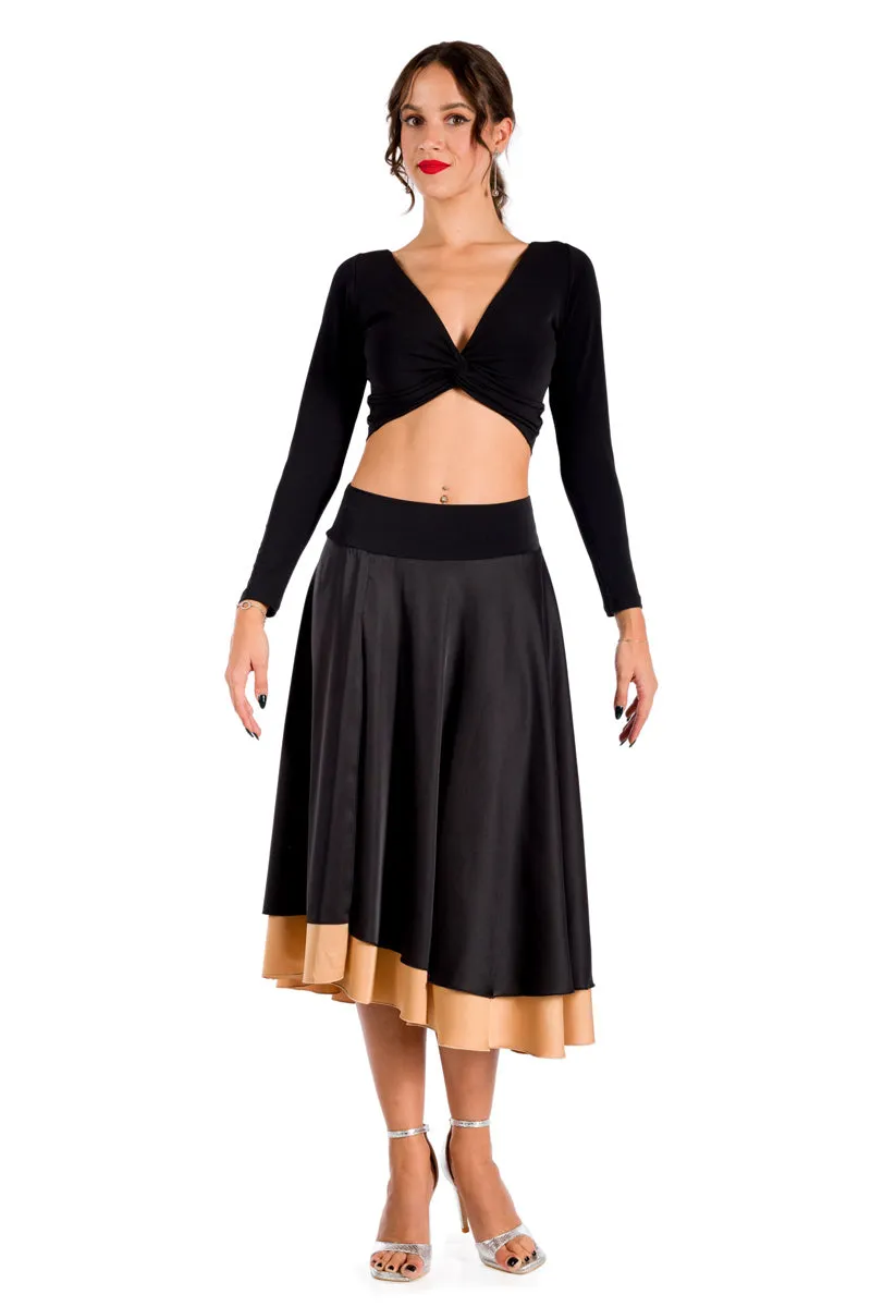 Black Satin Two-layered Dance Skirt With Dark Gold Base