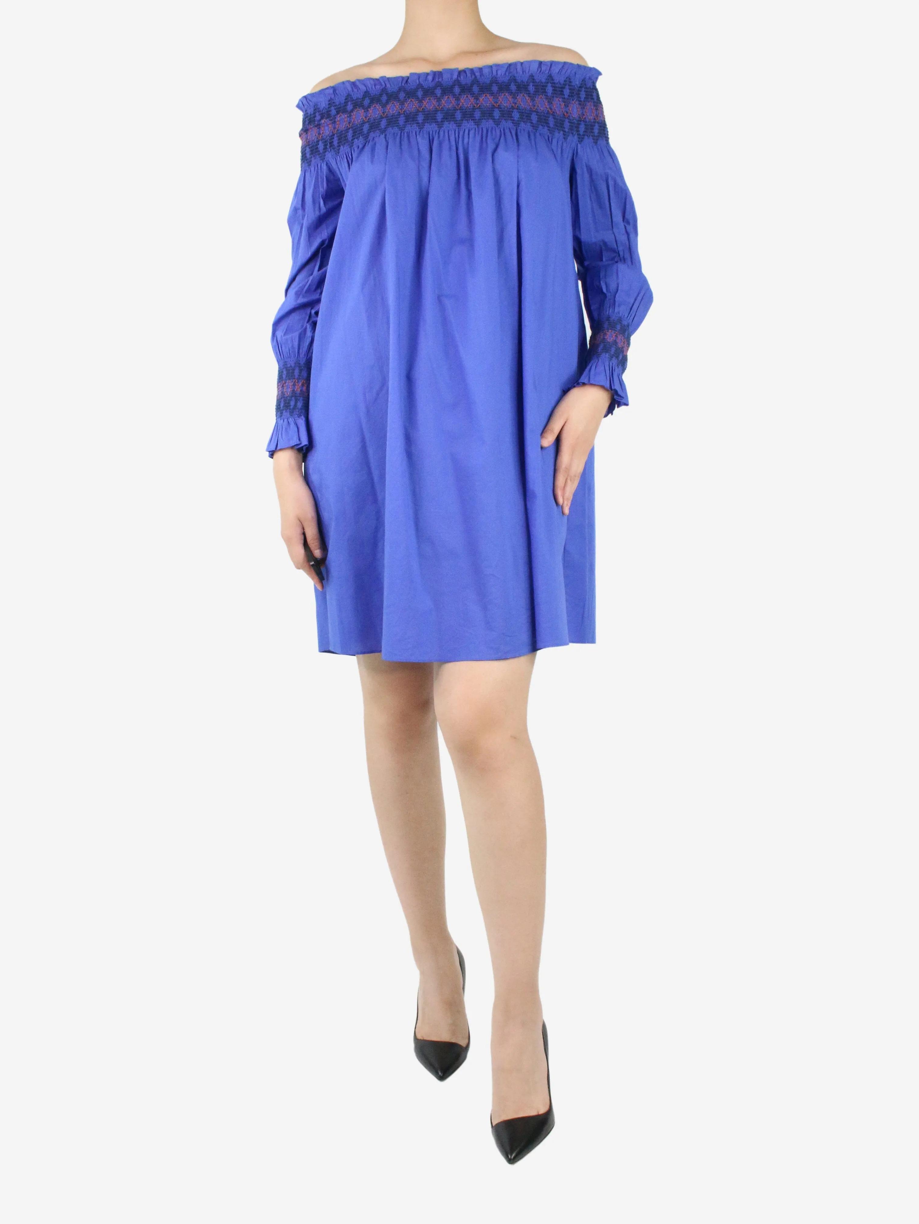 Blue off the shoulder shirred mini dress - size UK 10