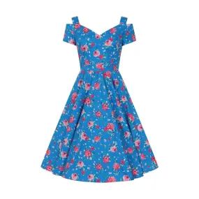 Blue Pink Floral Retro Cold Shoulder Swing Party Dress