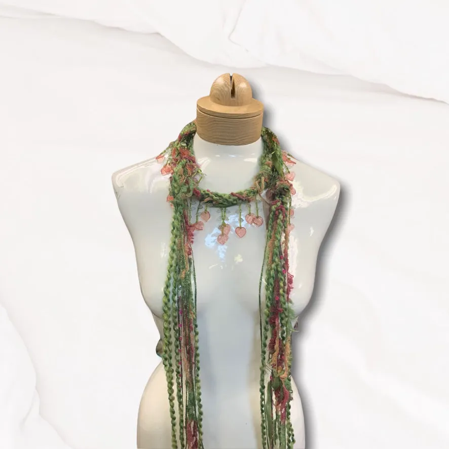 Boho Beaded Lightweight Mohair Scarf Necklace - Pink and Green w/Pink Hearts