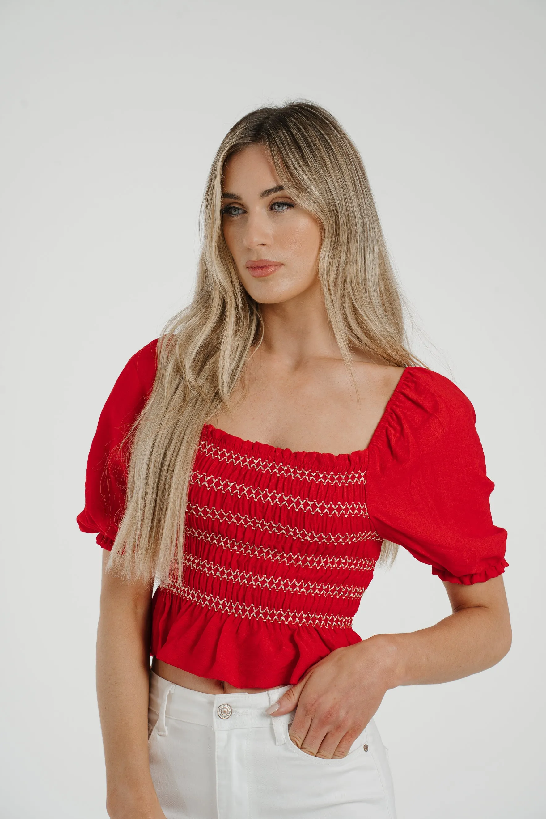 Caitlyn Embroidered Off Shoulder Top In Red