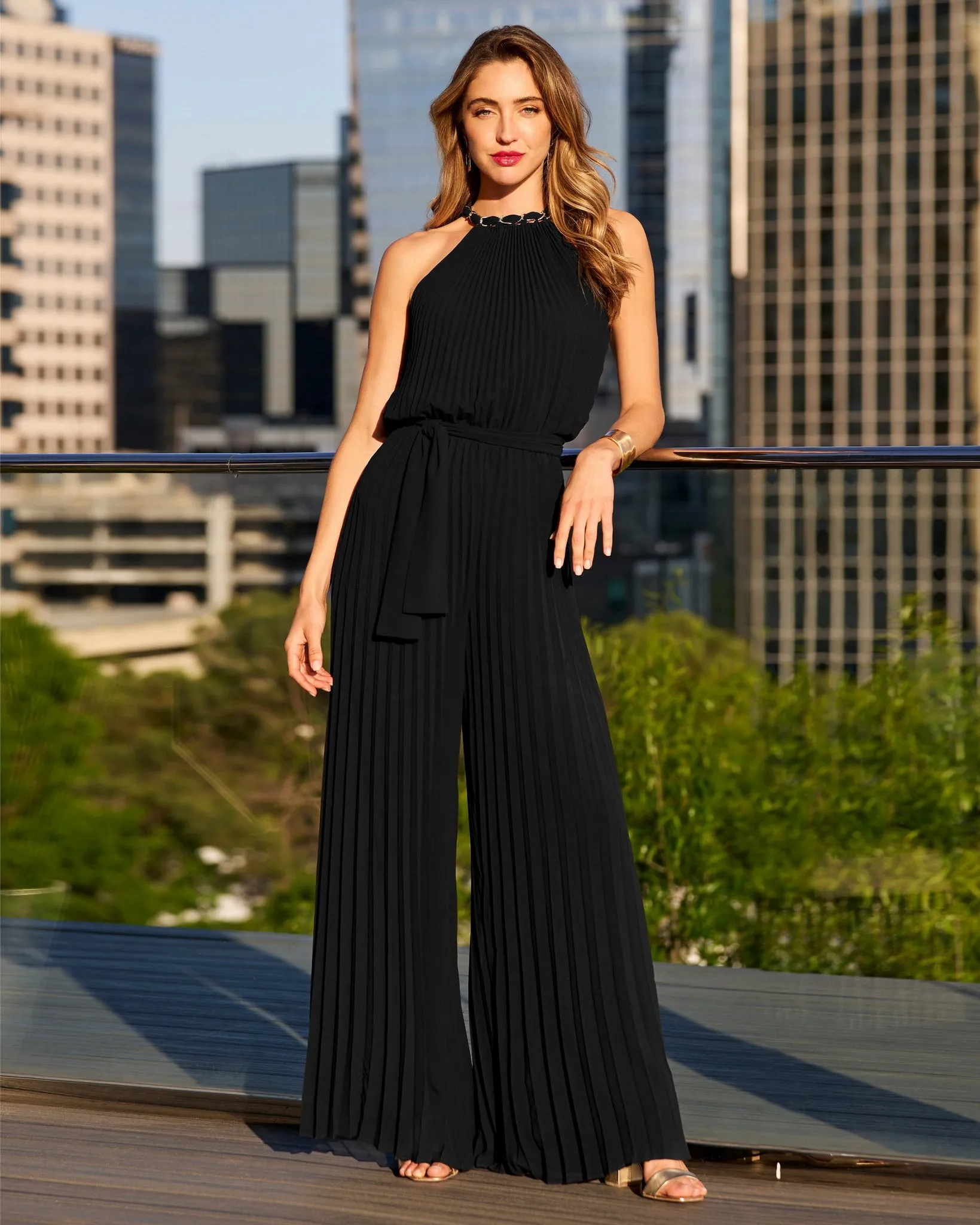 Chain Detail High Neck Pleated Jumpsuit Black