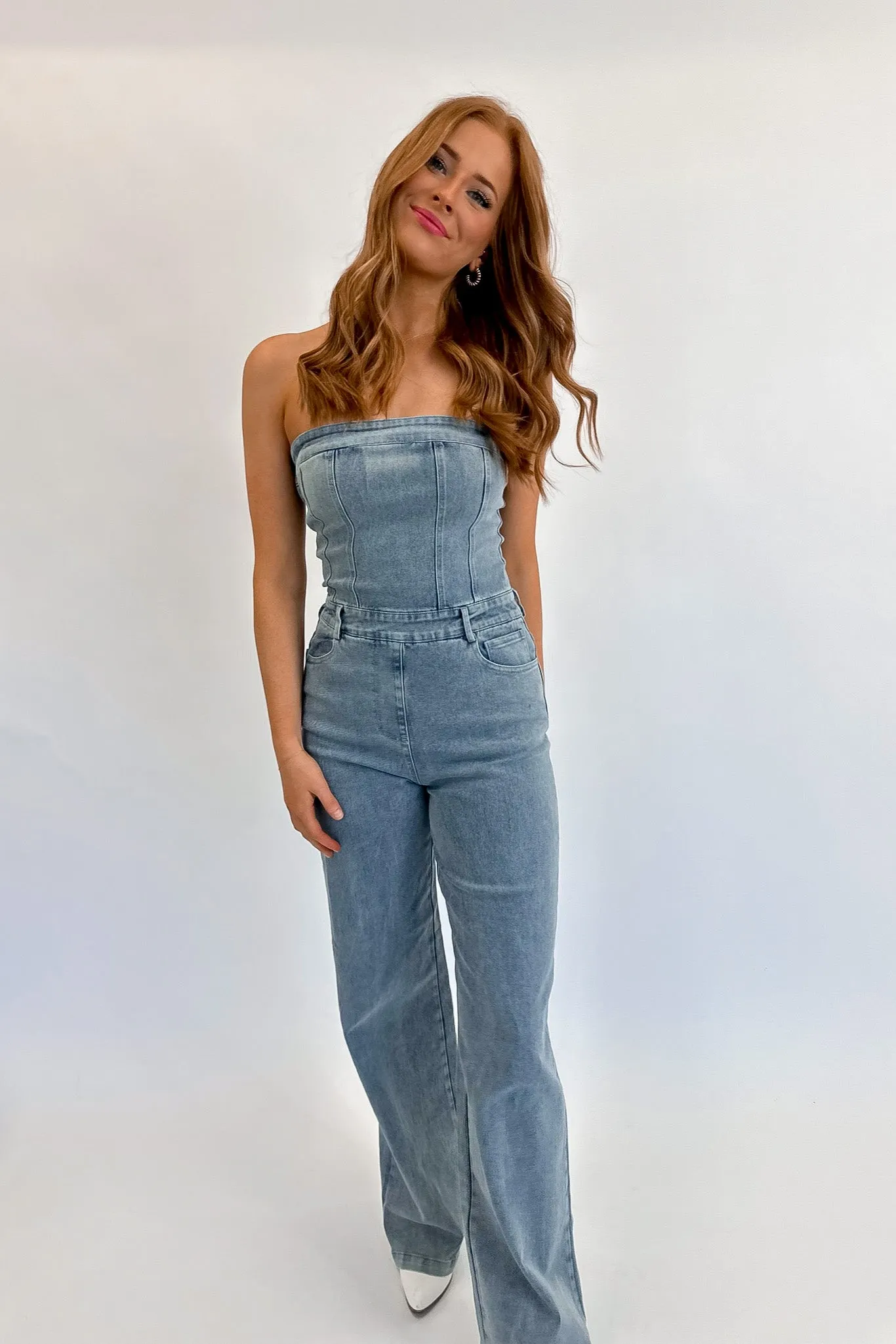 Faded Denim Strapless Jumpsuit