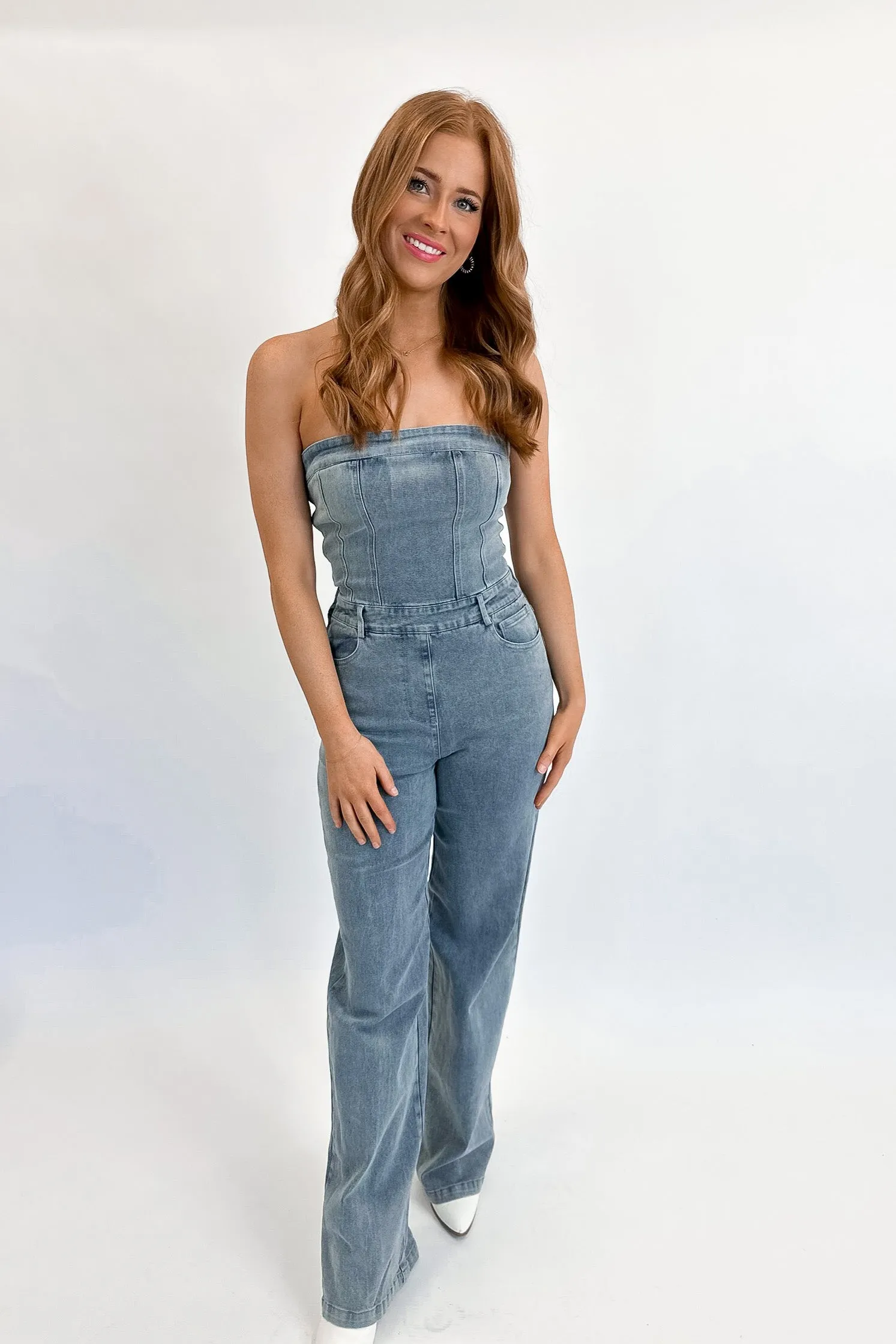 Faded Denim Strapless Jumpsuit