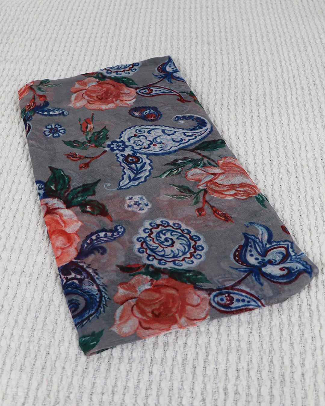 Floral Cotton Scarf- Gray