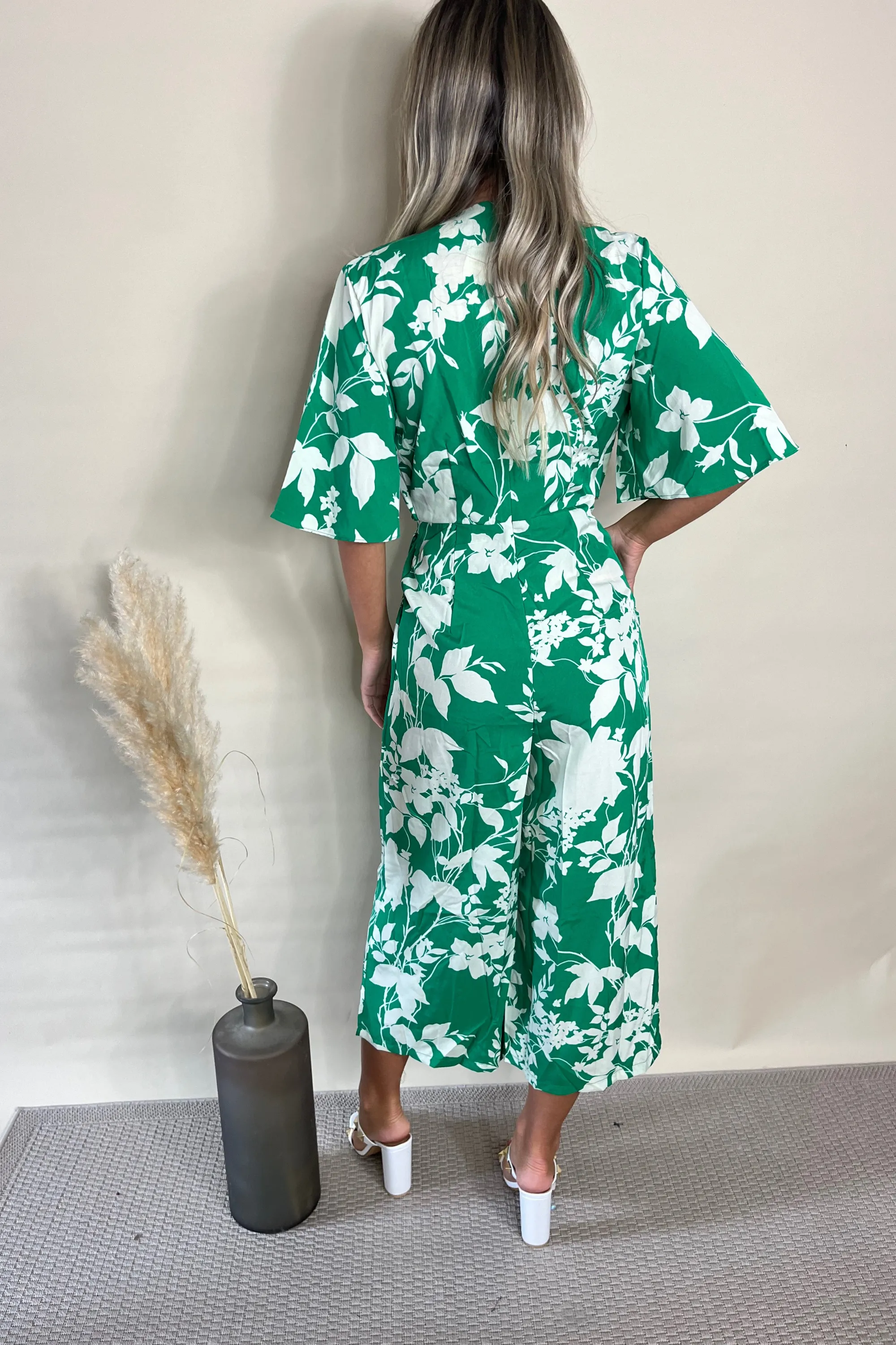 Green Floral Tie Front Wide Leg Jumpsuit