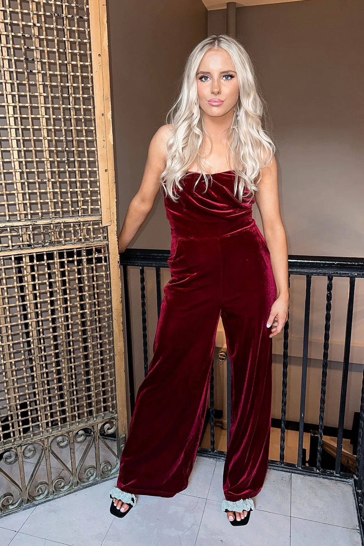 Holiday Velvet Jumpsuit Wine- FINAL SALE