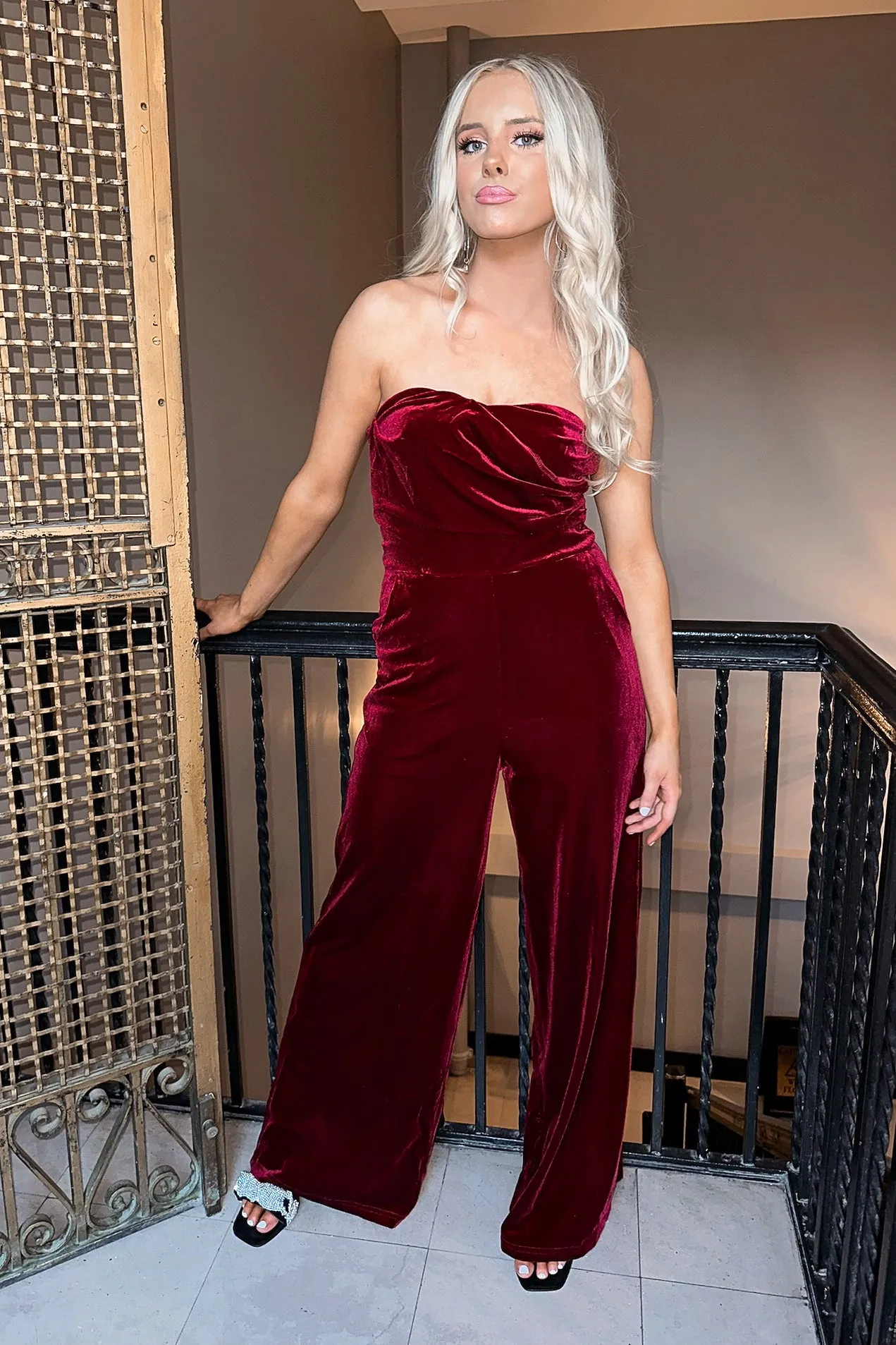 Holiday Velvet Jumpsuit Wine- FINAL SALE