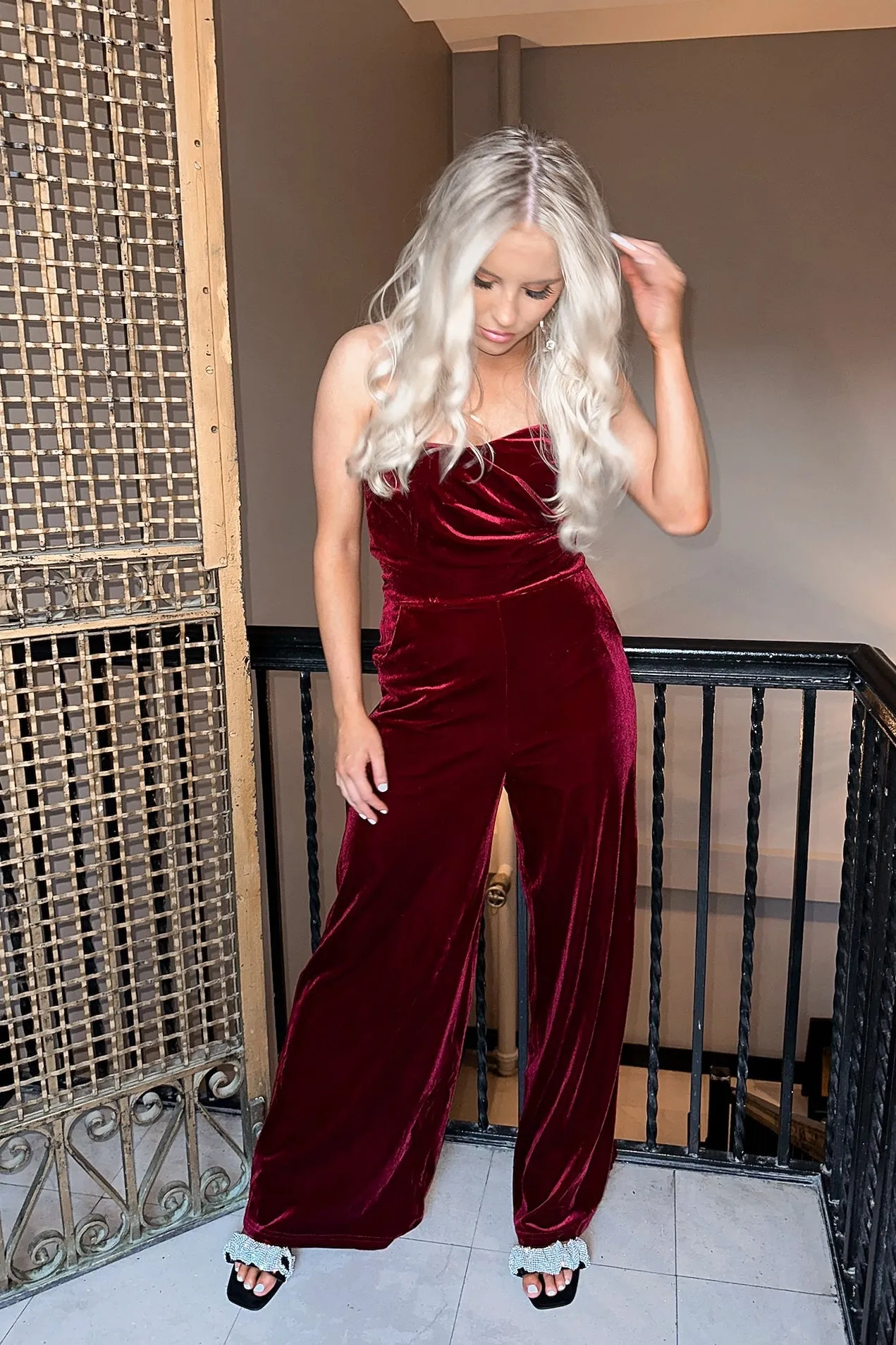 Holiday Velvet Jumpsuit Wine- FINAL SALE