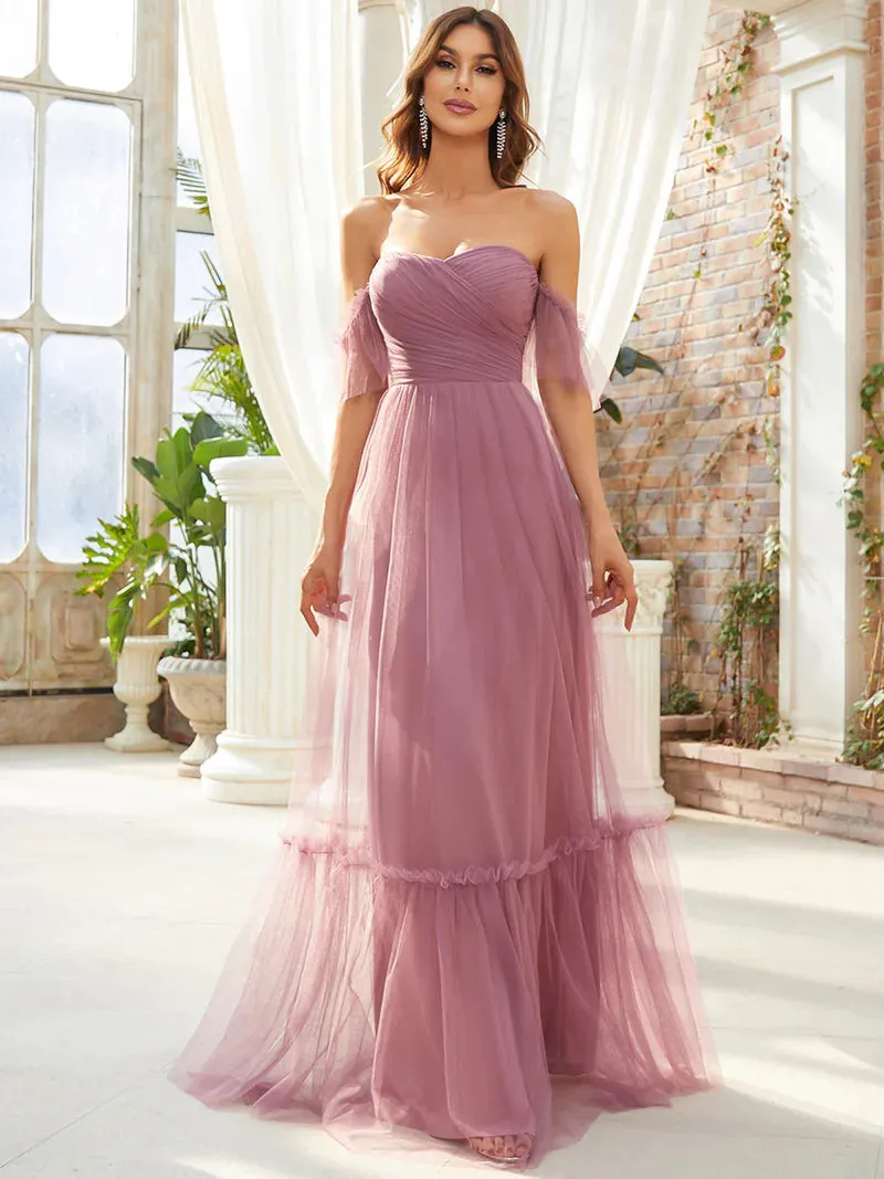 Off-Shoulder Tiered Skirt Tulle Evening Dress