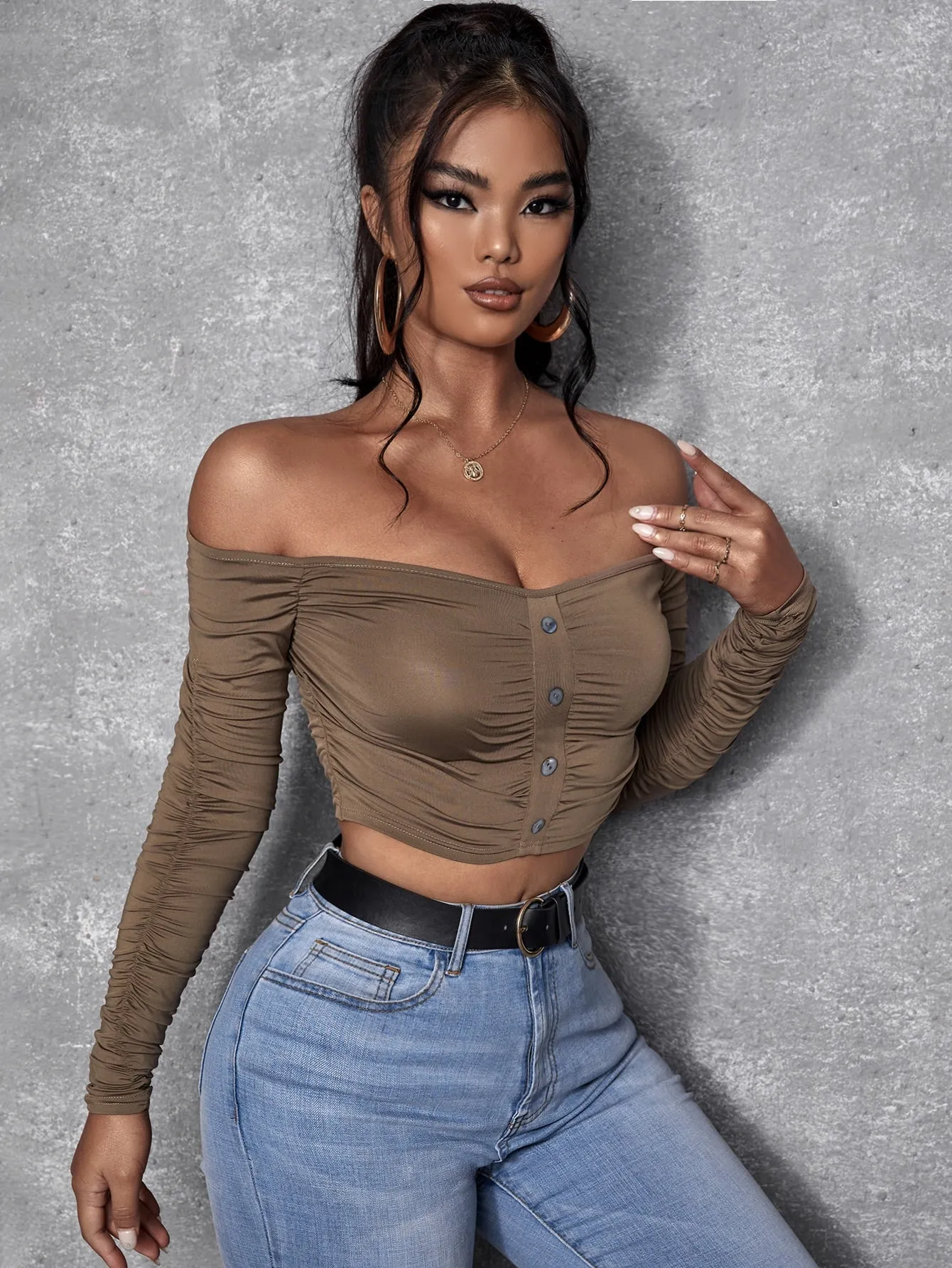 Off The Shoulder Button Up Ruched Crop Top