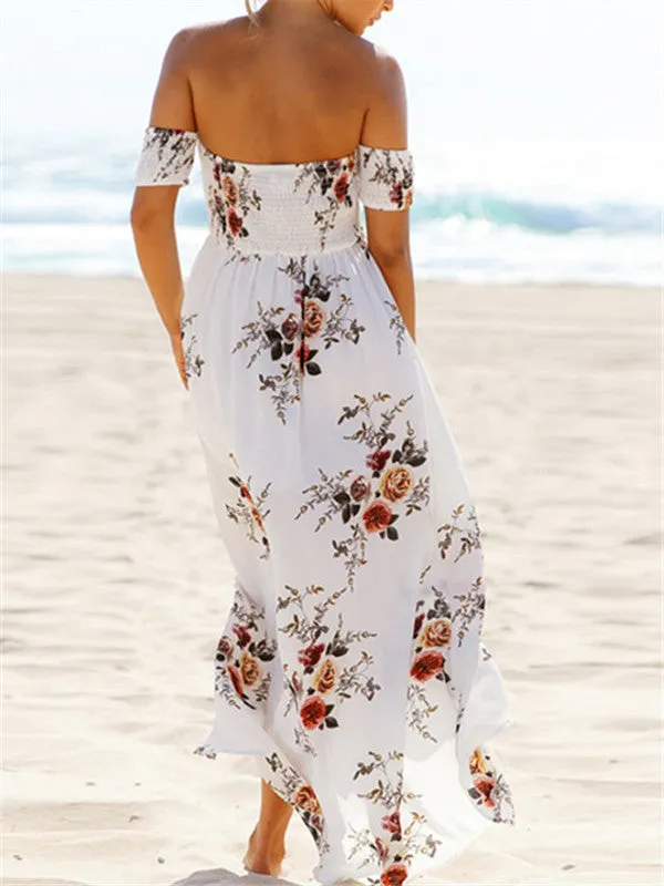 Off The Shoulder Long Irregular Printed Dress