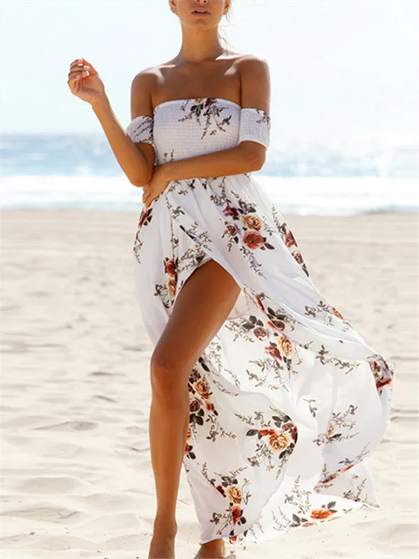 Off The Shoulder Long Irregular Printed Dress