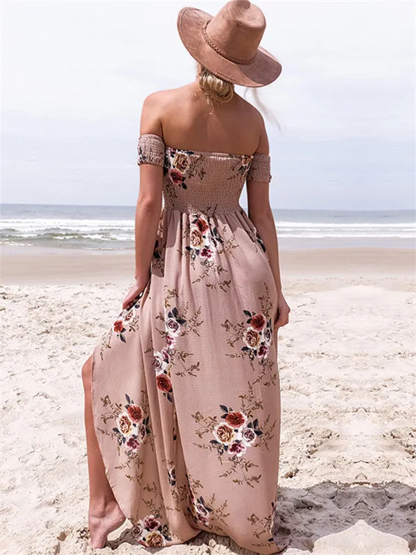 Off The Shoulder Long Irregular Printed Dress