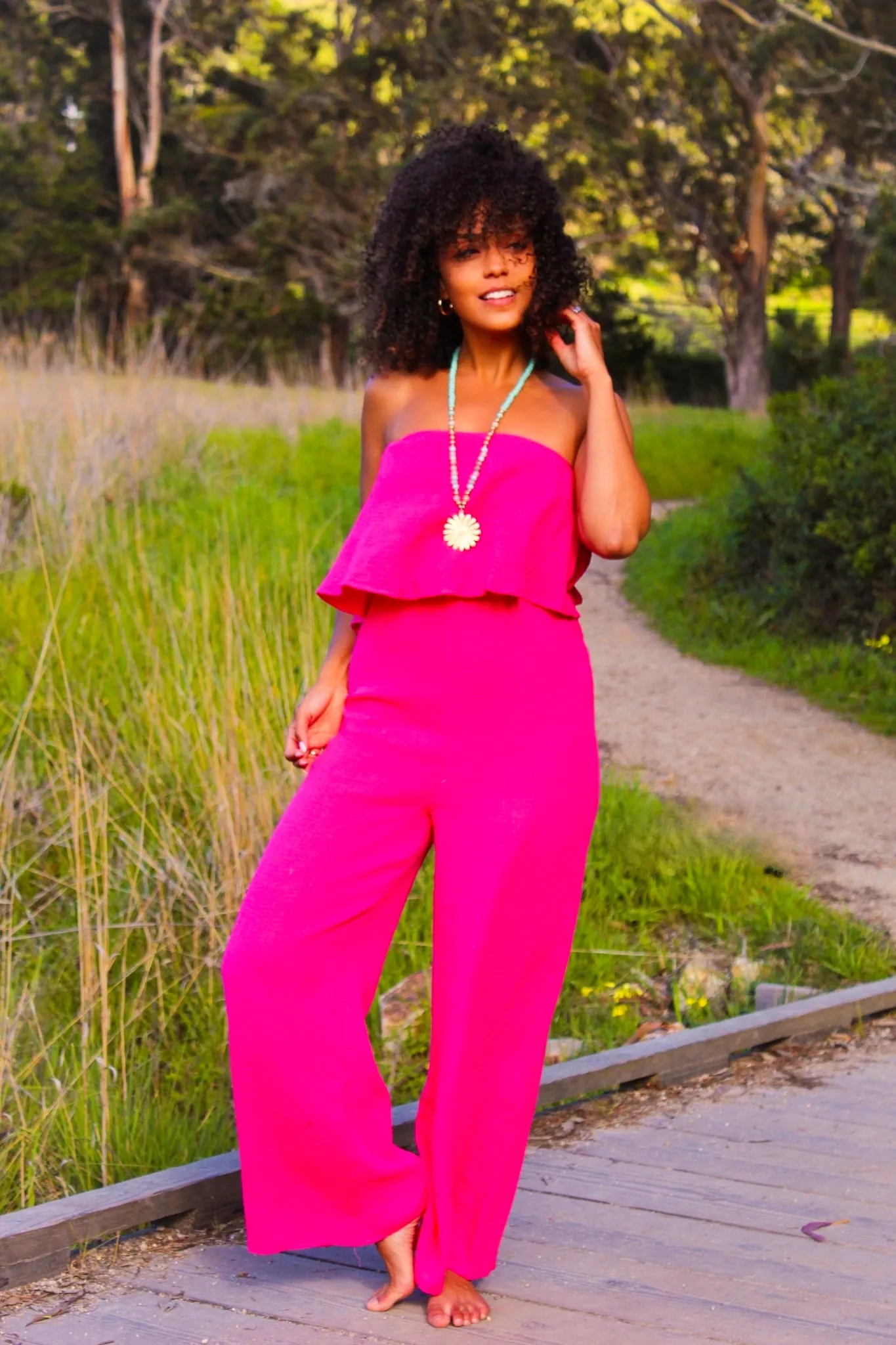 Raspberry Rush Strapless Cotton Jumpsuit - Hot Pink