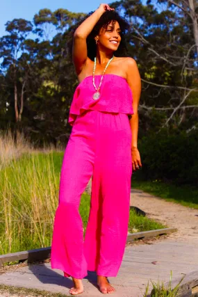 Raspberry Rush Strapless Cotton Jumpsuit - Hot Pink