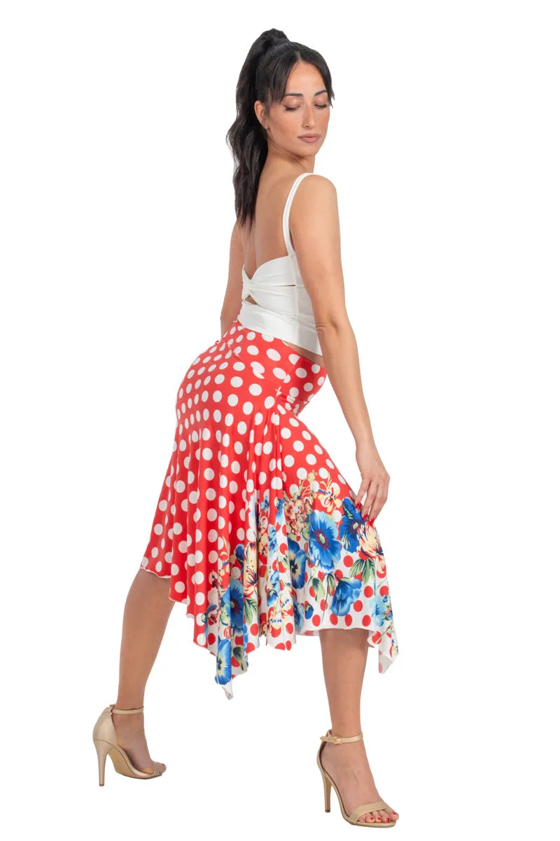 Red Polka-Dot Skirt With Side Draping & Floral Details