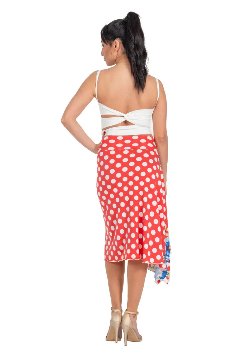 Red Polka-Dot Skirt With Side Draping & Floral Details