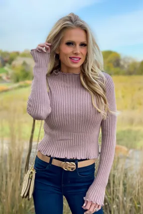 Shining Eyes Ribbed Mock Neck Sweater Top : Mocha