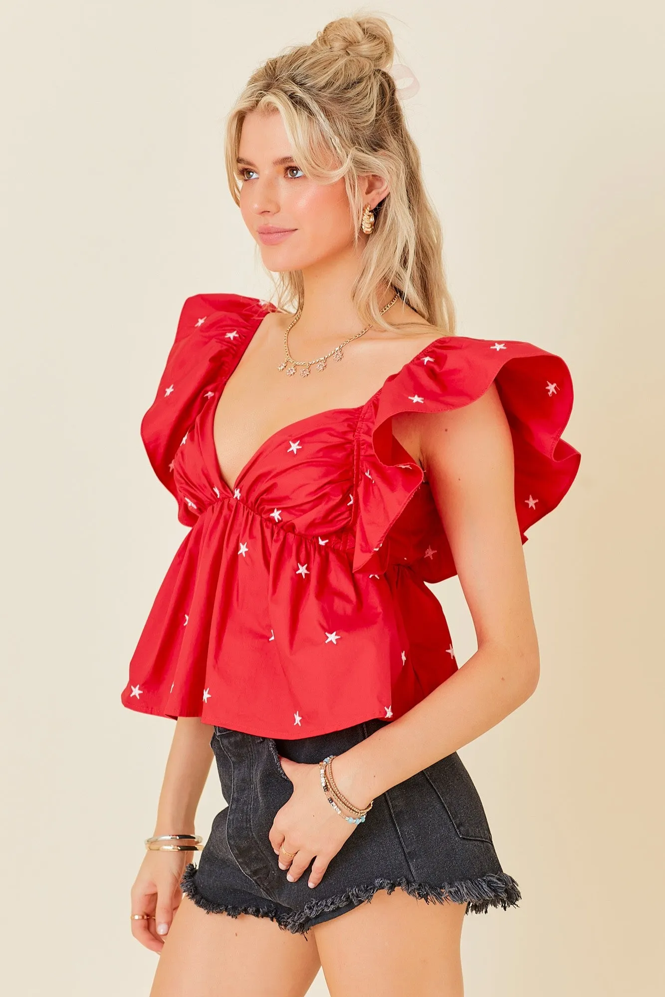 Star Embroidered Babydoll Poplin Top