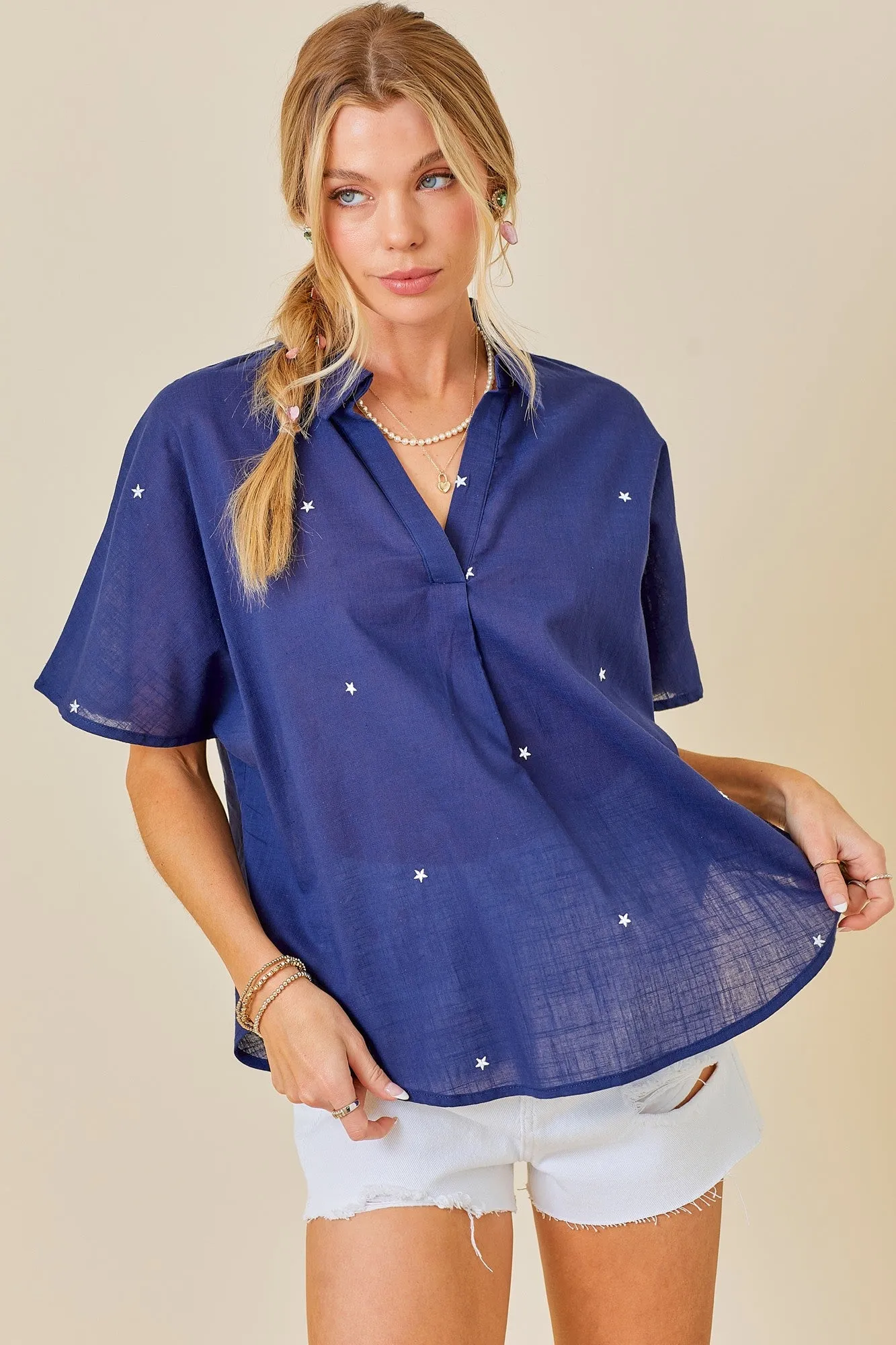 Star Embroidered V-Neck Easy Blouse