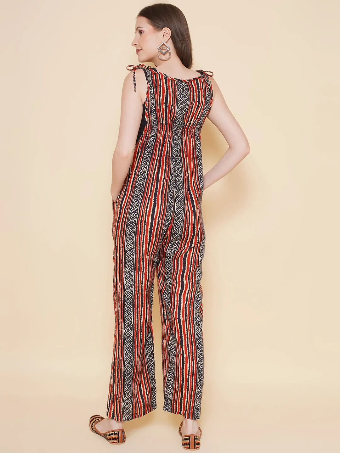 Stripe Printed Red Color Maternity Jumpsuit