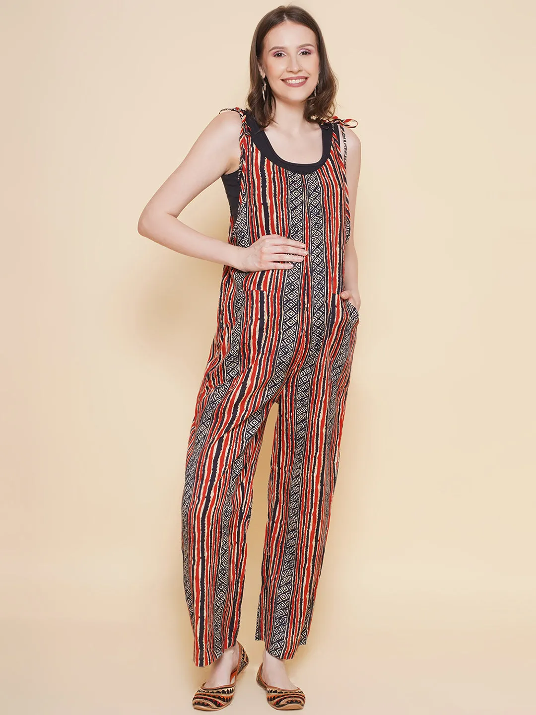 Stripe Printed Red Color Maternity Jumpsuit