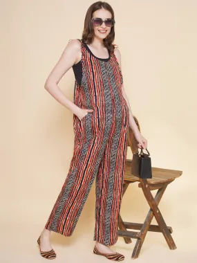 Stripe Printed Red Color Maternity Jumpsuit