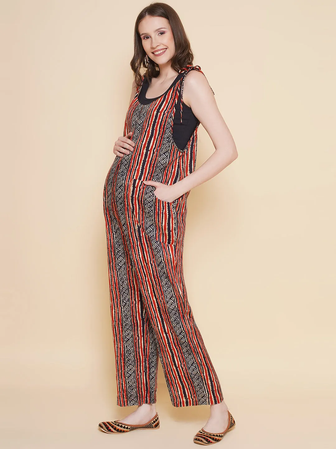 Stripe Printed Red Color Maternity Jumpsuit