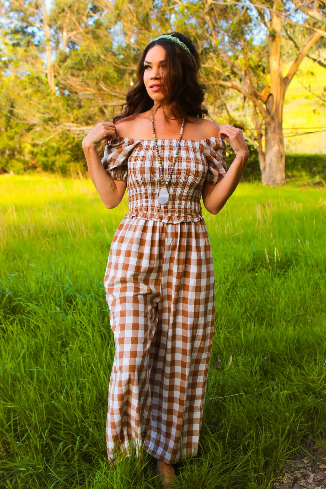 Sunrise Sunset Puff Sleeve Gingham Print Jumpsuit - Sepia/Multi