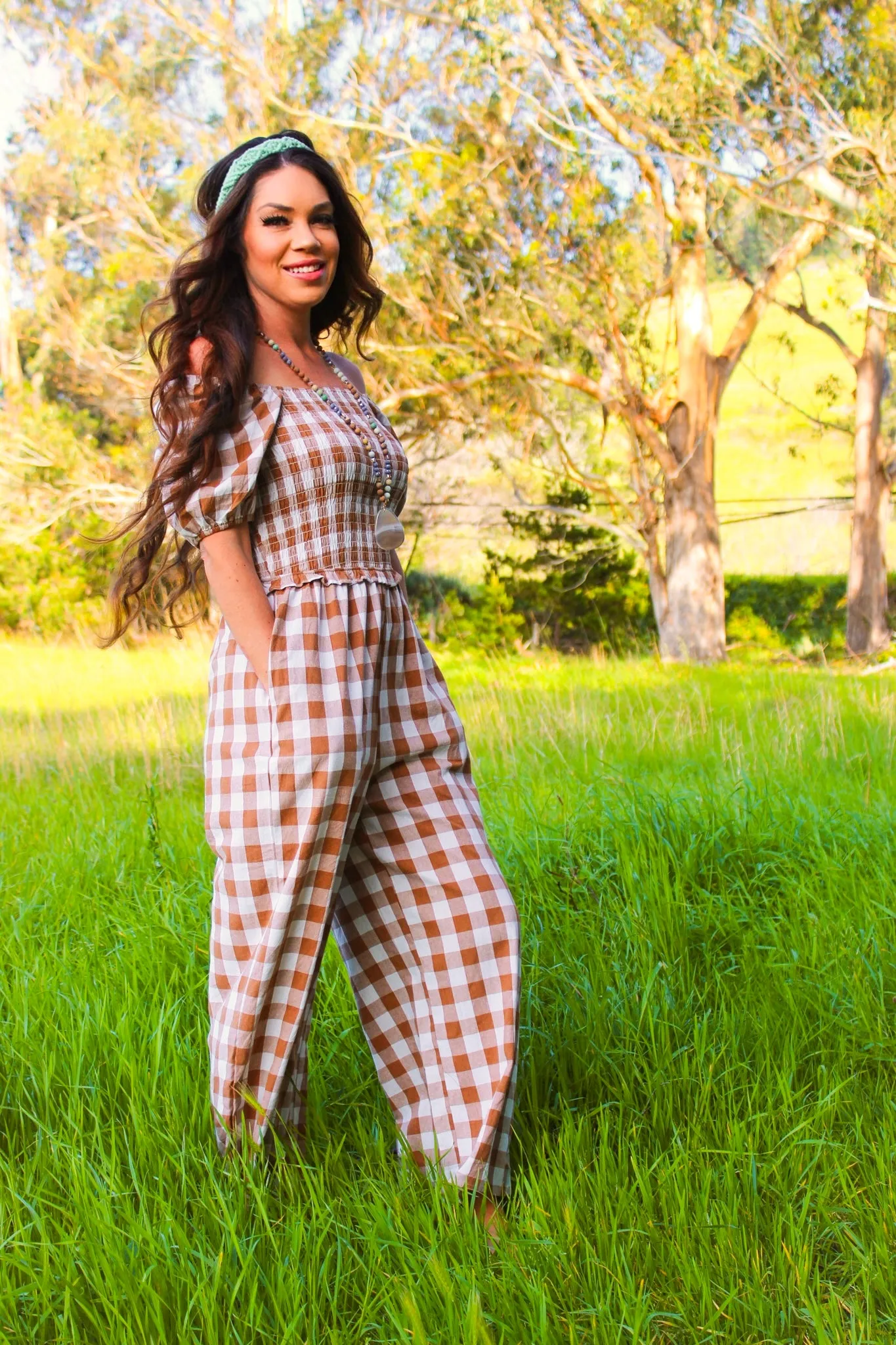 Sunrise Sunset Puff Sleeve Gingham Print Jumpsuit - Sepia/Multi