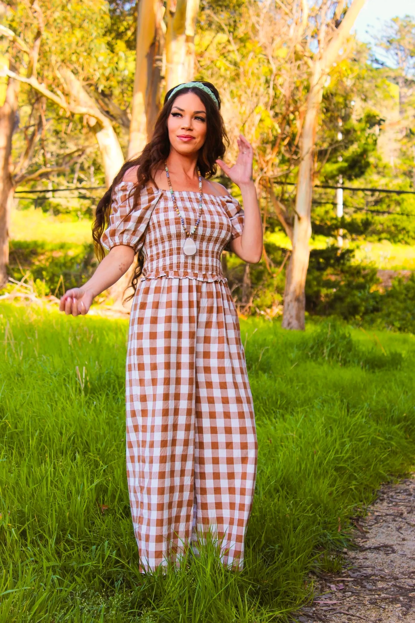 Sunrise Sunset Puff Sleeve Gingham Print Jumpsuit - Sepia/Multi