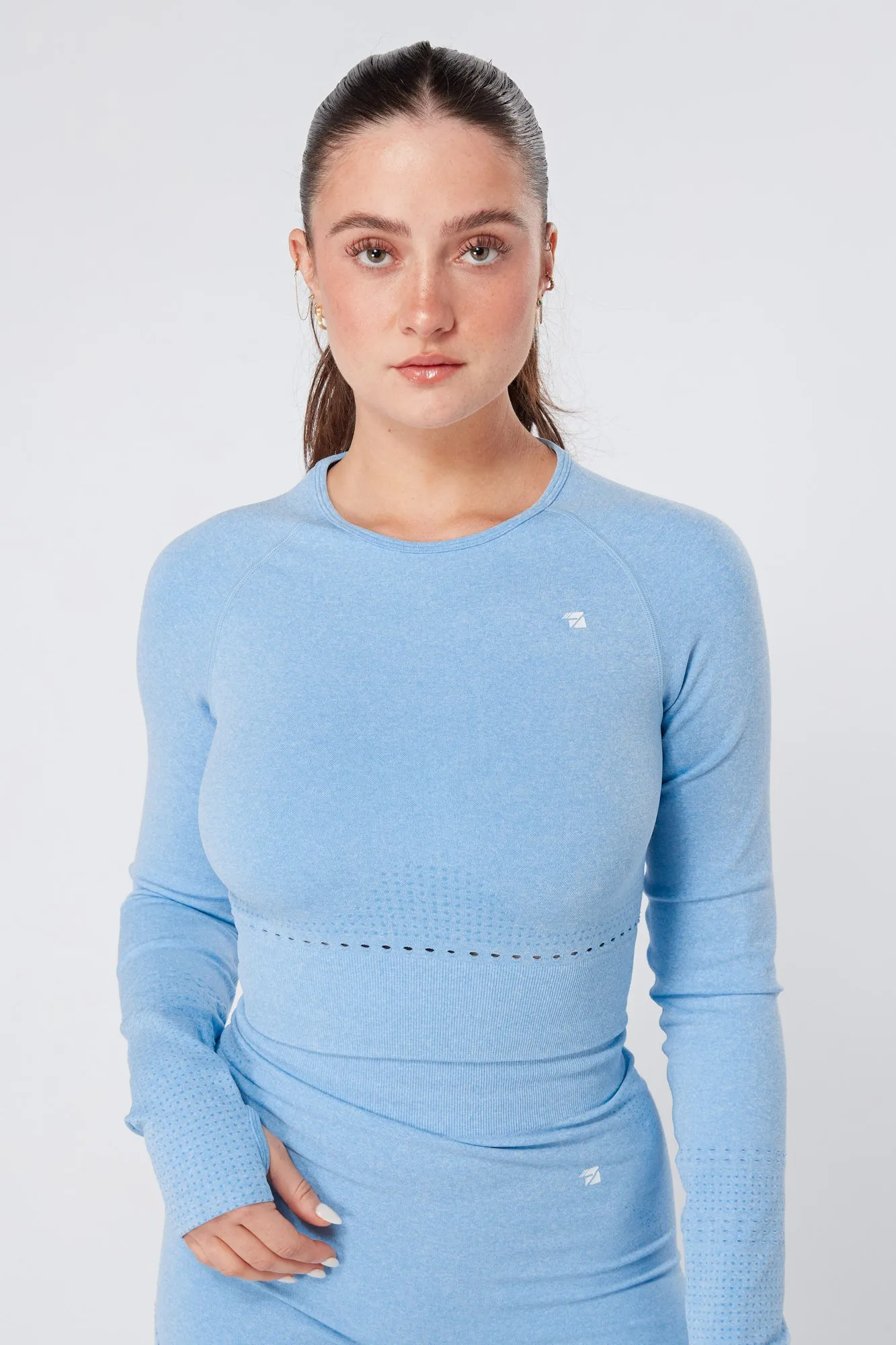 Twill Active Seamless Marl Laser cut Full Sleeve Crop Top - Blue