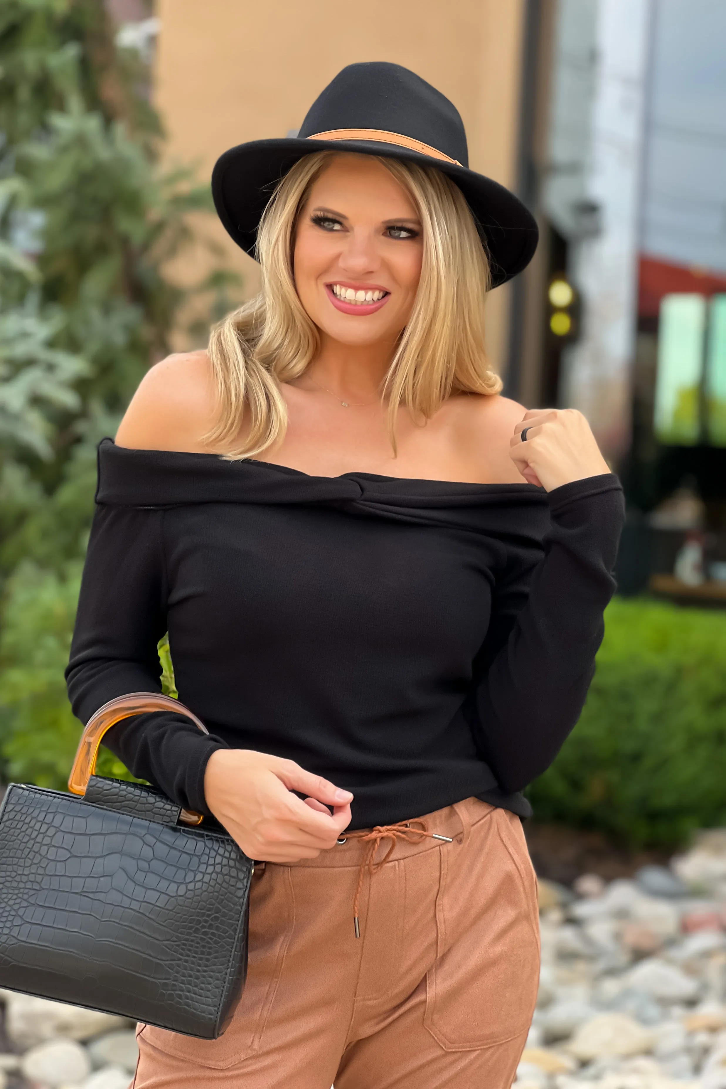 Wait No More Off Shoulder Twist Detail Top : Black