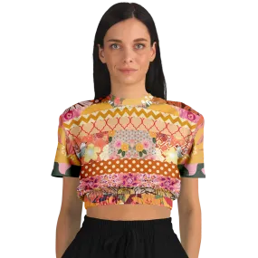 Yogananda Striped Floral Patchwork Short Sleeve Cropped Eco-Poly Sweater